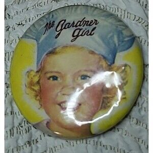 Vintage The Gardner Girl Advertising Pinback Button Child Mascot 3” Promo